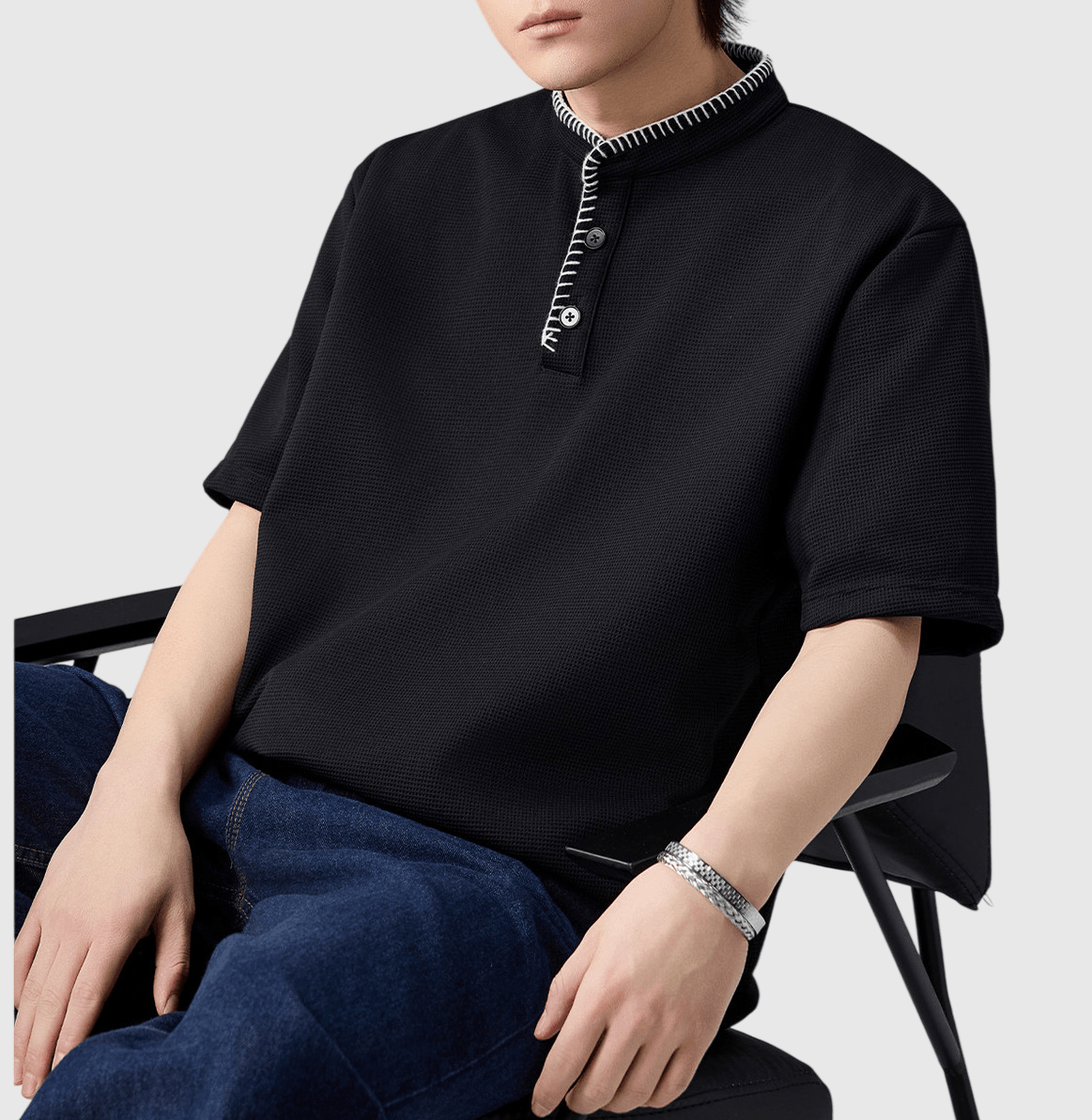 復古領口手工縫線設計 Waffle 半開領鈕扣短袖 T-Shirt [SBT-1566]