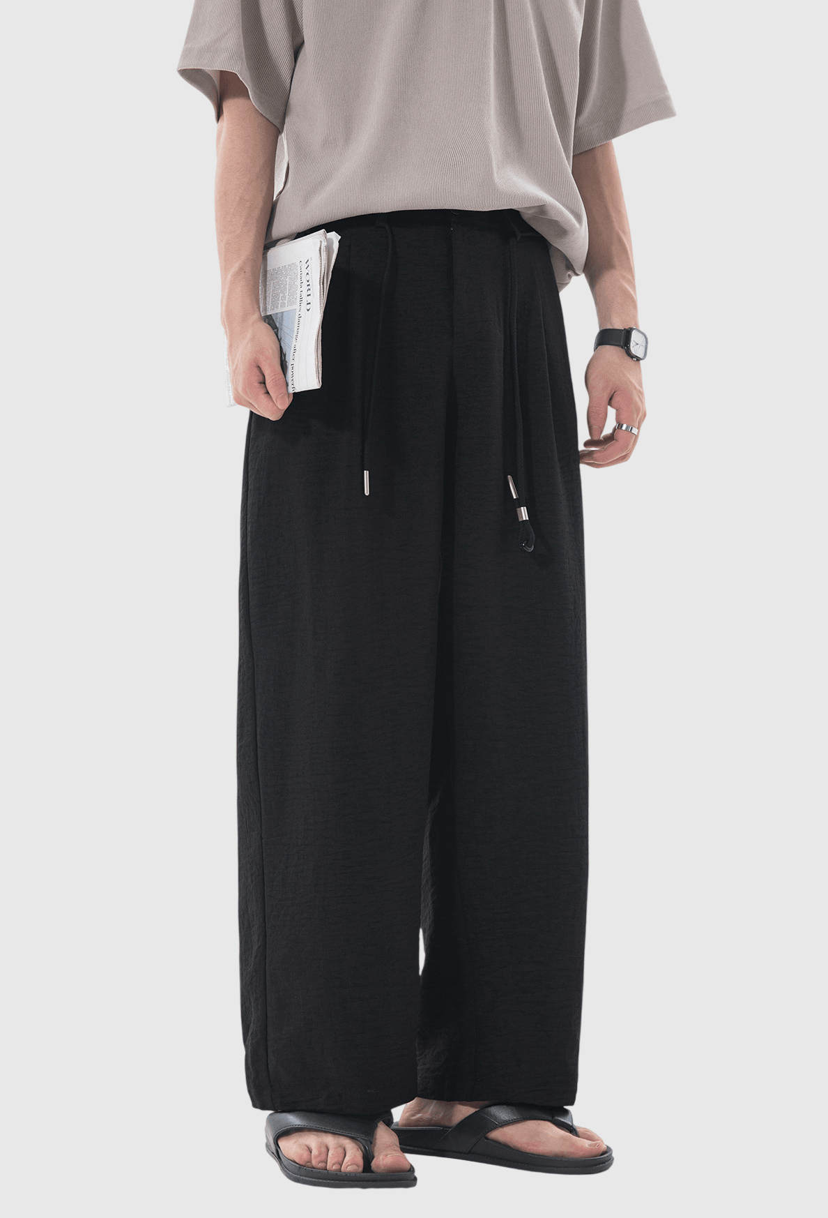 日系外編織鬆緊腰繩設計 麻質闊腿直筒垂感長褲 [SBP-1201]