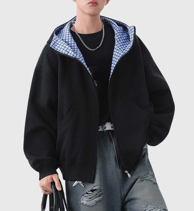 內層格仔撞色縫接 連帽衛衣外套 [CBJ-1067]
