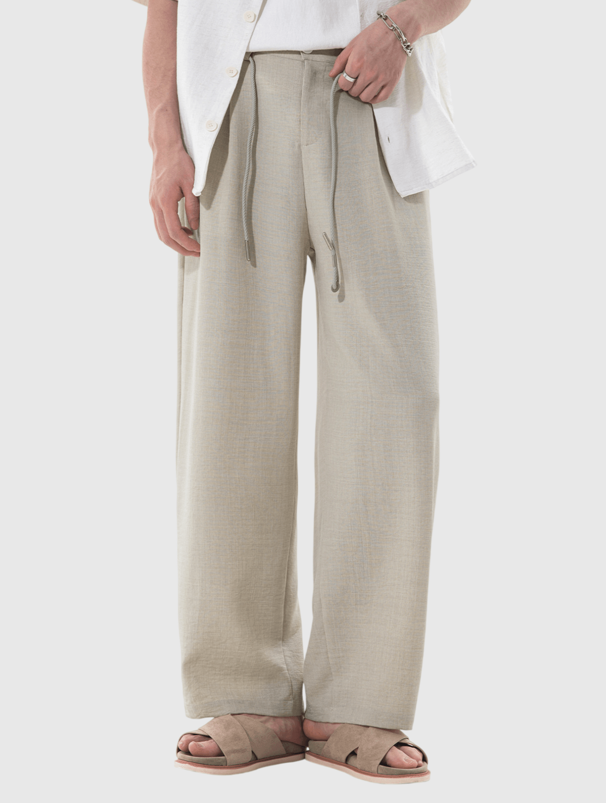 日系外編織鬆緊腰繩設計 麻質闊腿直筒垂感長褲 [SBP-1201]