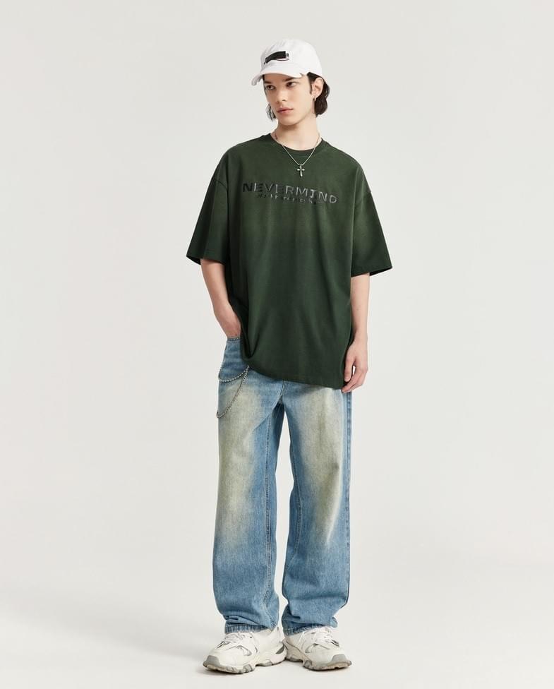 復古層次文字印燙 洗水漸變純棉短袖 T-Shirt [CBT-1269]