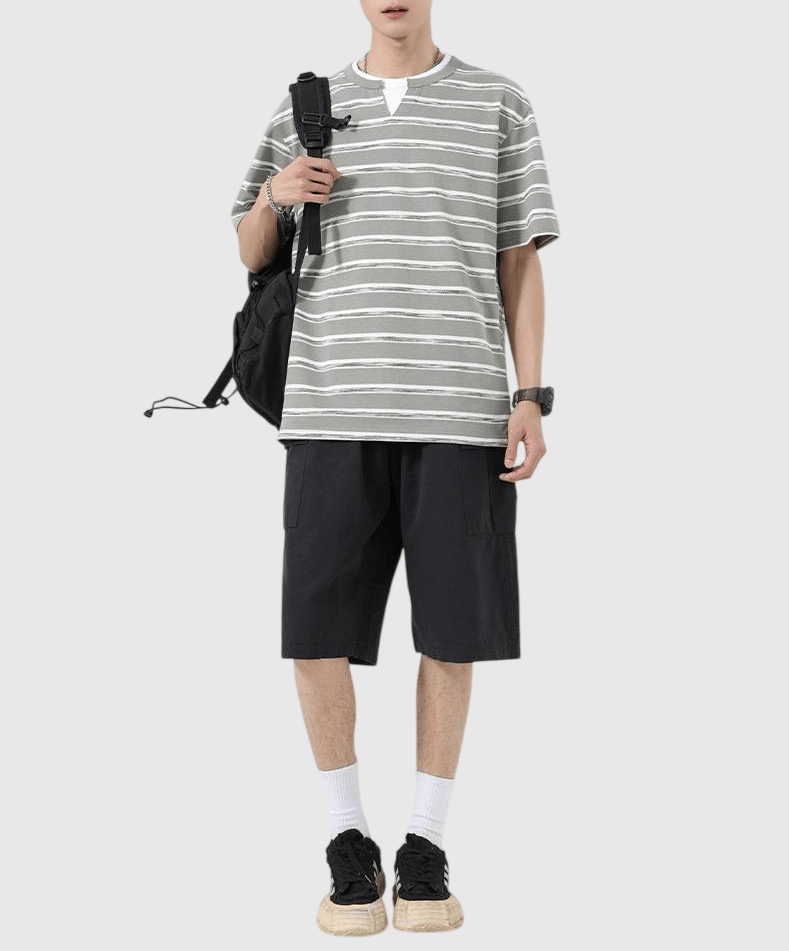 復古層次撞色橫間條紋設計 短袖 T-Shirt [SBT-1495]