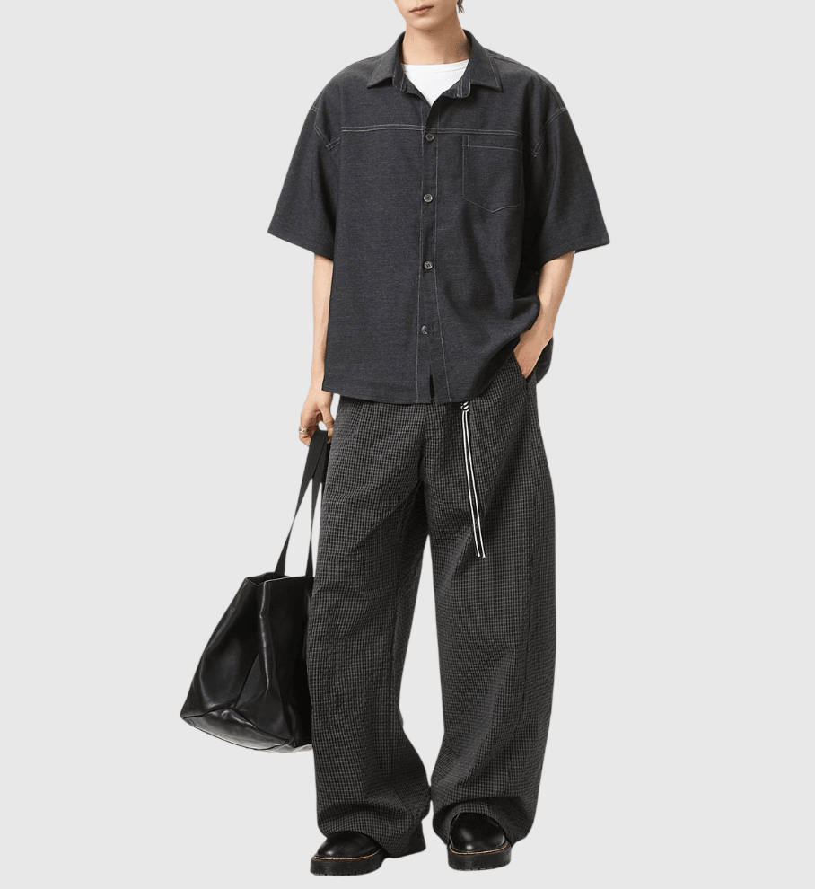 日系水洗撞色輯明線工裝 垂感透氣牛仔短袖恤衫 [SBS-1387]