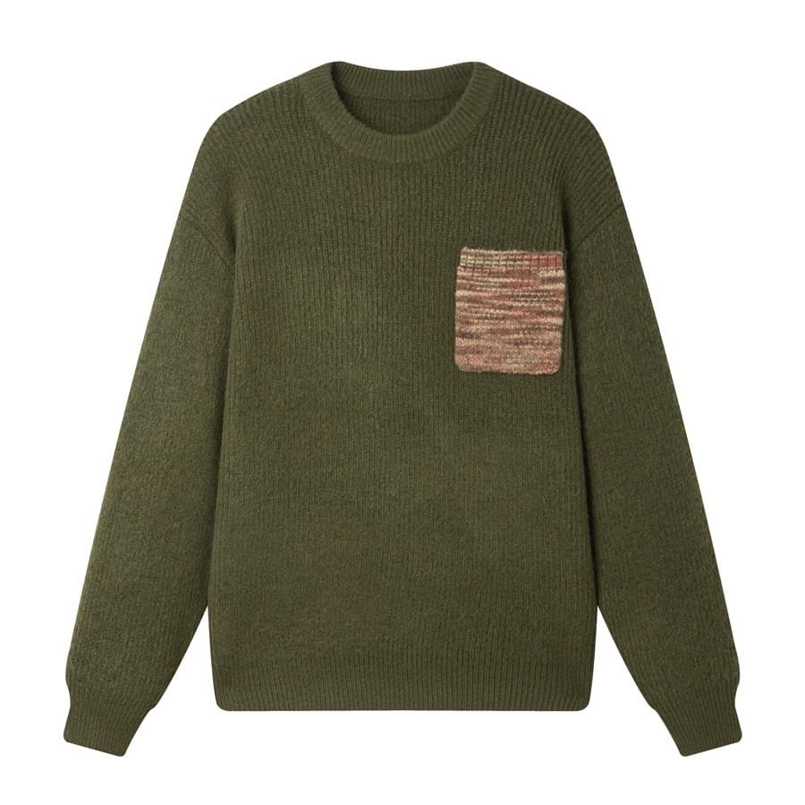 日系前袋混色縫紉 圓領針織毛衣 [SBK-1137]