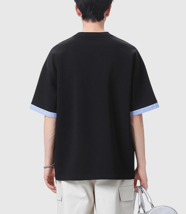 日系格紋拼布前袋反向設計 短袖 T-Shirt [SBT-1570]