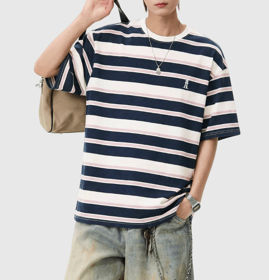 復古撞多色條紋燈塔小刺繡 純棉短袖 T-Shirt [SBT-1151]