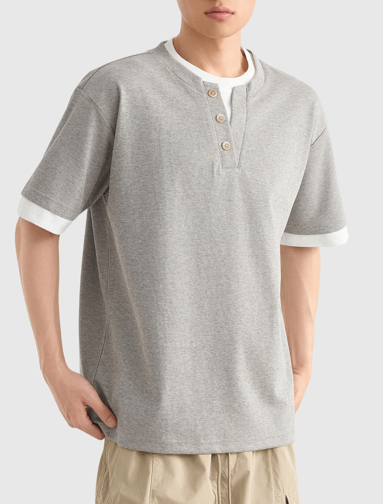 假兩件結構設計 亨利領鈕扣針織短袖 T-Shirt [CBT-1334]