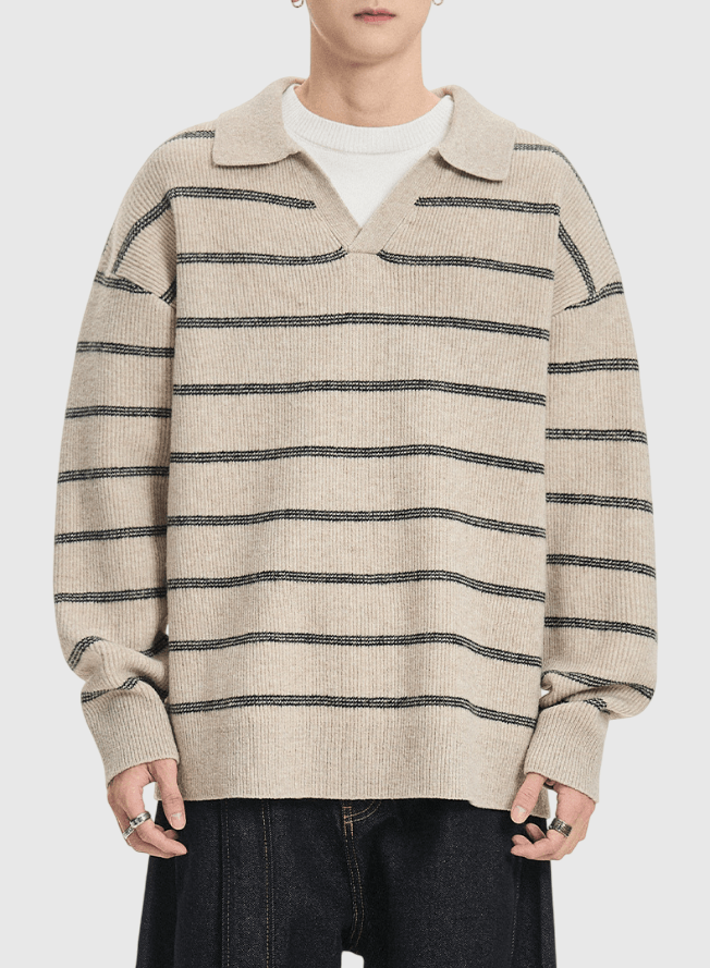 層次假兩件式條紋色織設計  V 領針織毛衣 [SBK-1133]