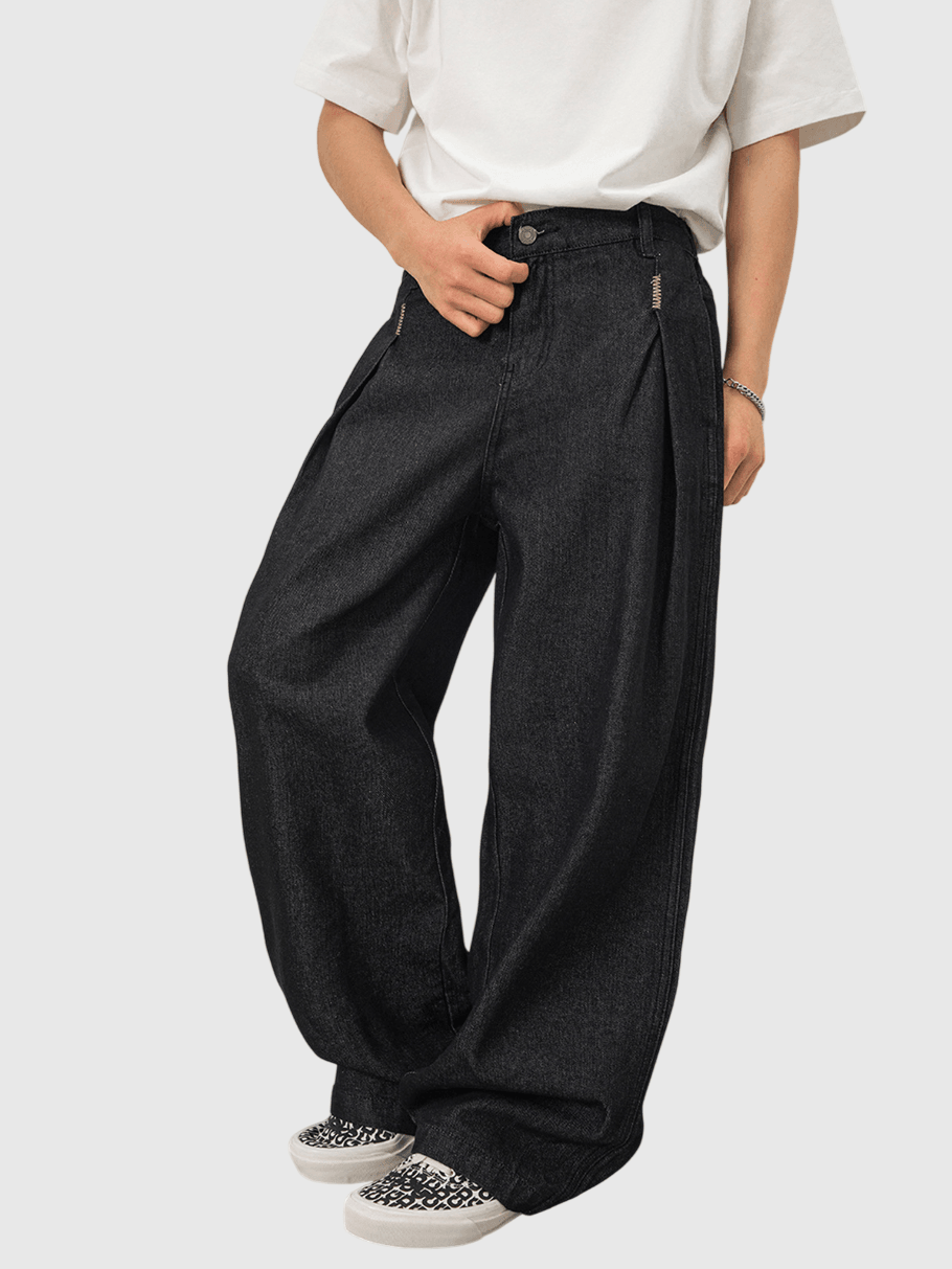 日系縫線刺繡層次褶皺設計 闊腳直筒原色牛仔長褲 [SBP-1196]