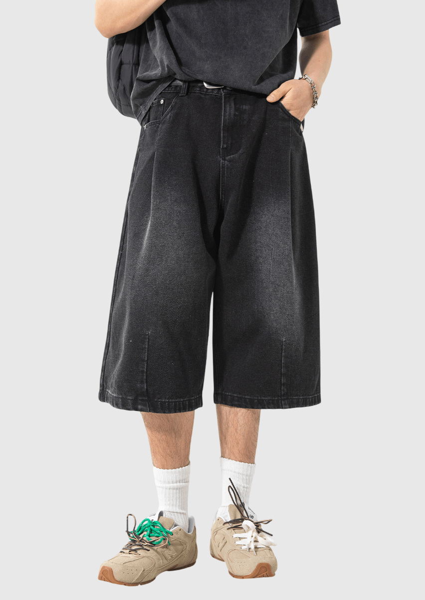 復古基礎洗水立體褶皺設計 闊腳七分牛仔短褲 [SBST-1148]