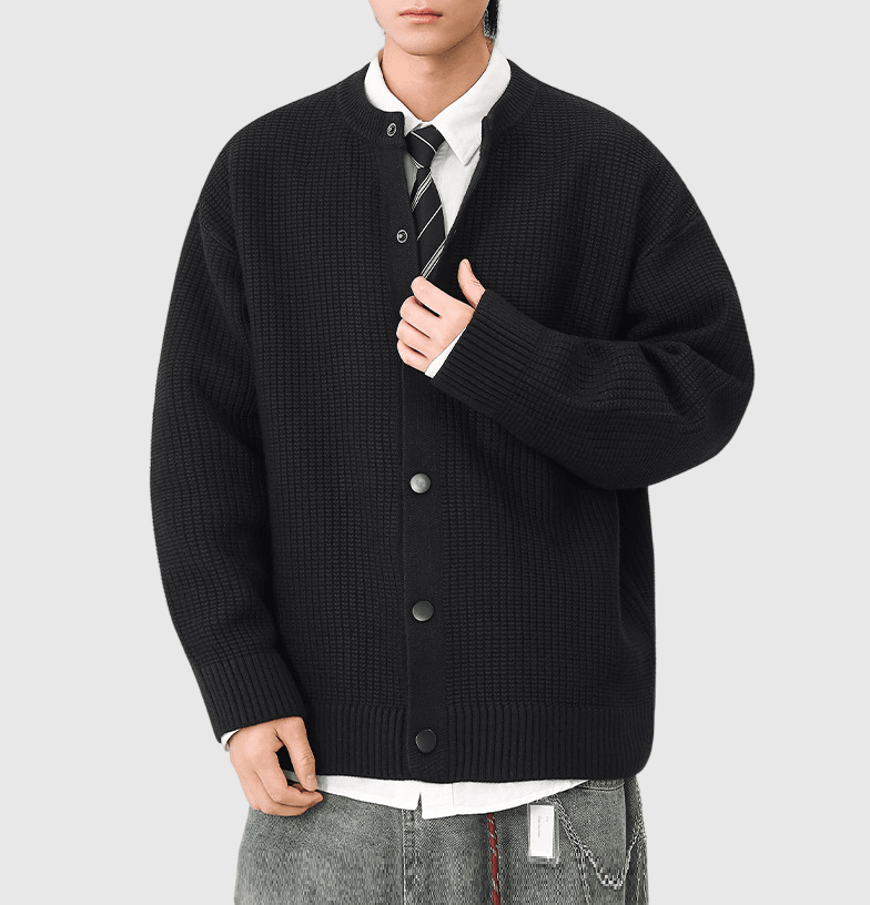 日系立體粗線紗織紋理 針織圓領開胸外套 [SBO-1462]