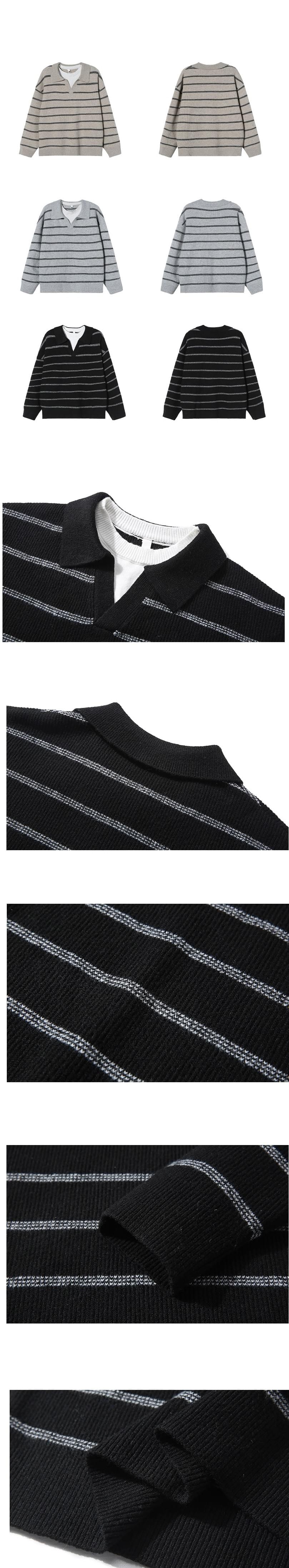 層次假兩件式條紋色織設計  V 領針織毛衣 [SBK-1133]