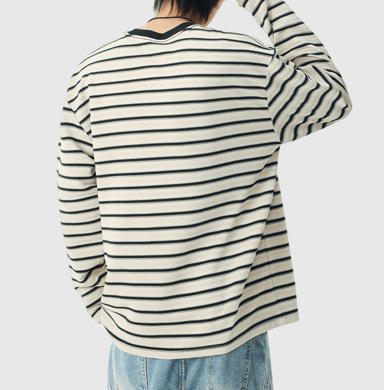 復古橫間條紋撞色立體編織 長袖 T-Shirt [SBT-1455]