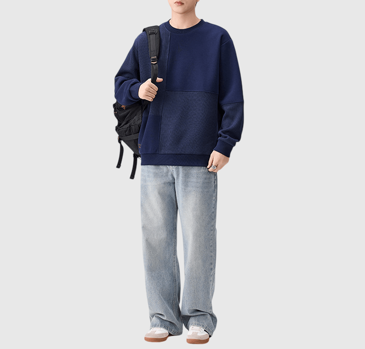 復古車縫色塊紋理拼布 圓領長袖衛衣 [SBH-1343]