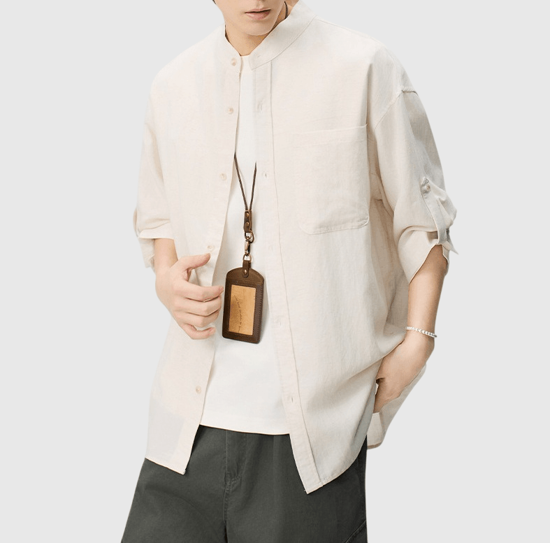 日系基礎可摺疊手袖設計 麻質半領短袖恤衫 [SBS-1396]