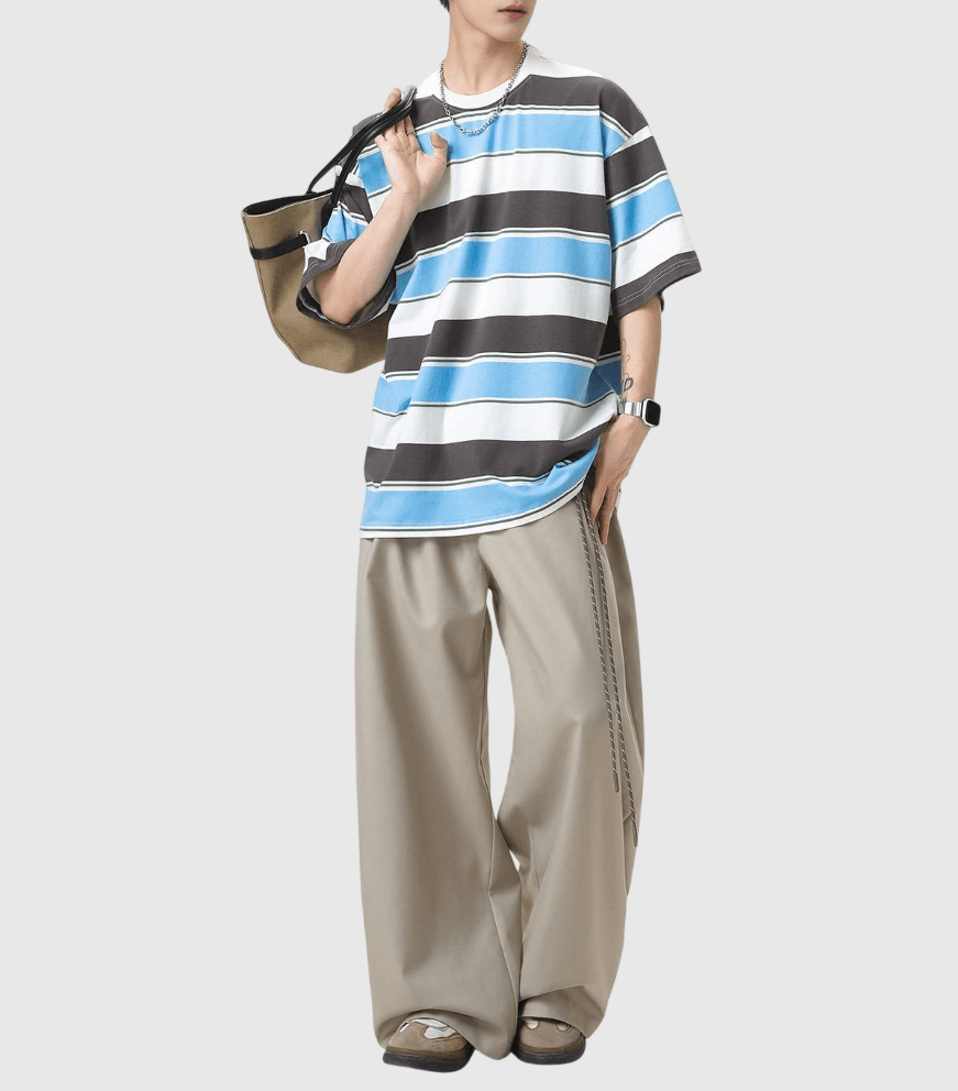 色系撞色橫間闊條紋設計 短袖 T-Shirt [SBT-1513]