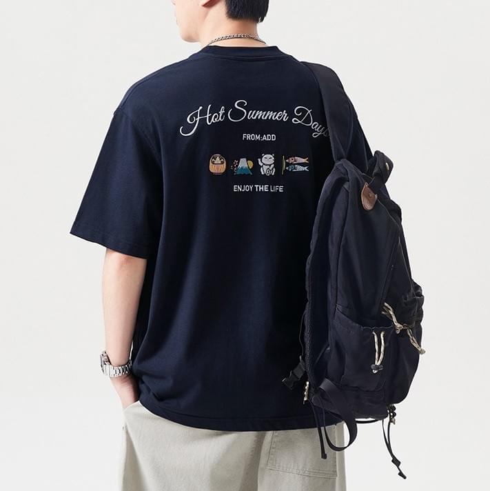 日式文化細圖案刺繡 純棉短袖 T-Shirt [SBT-1386]