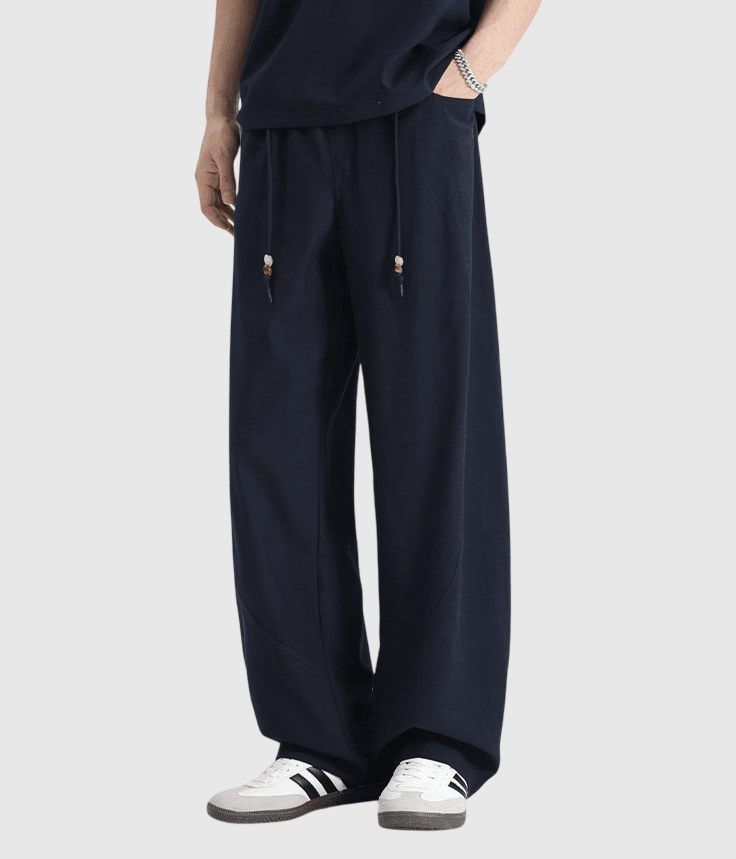 日式木珠外編織鬆緊腰繩設計 麻質闊腿直筒透氣長褲 [SBP-1206]