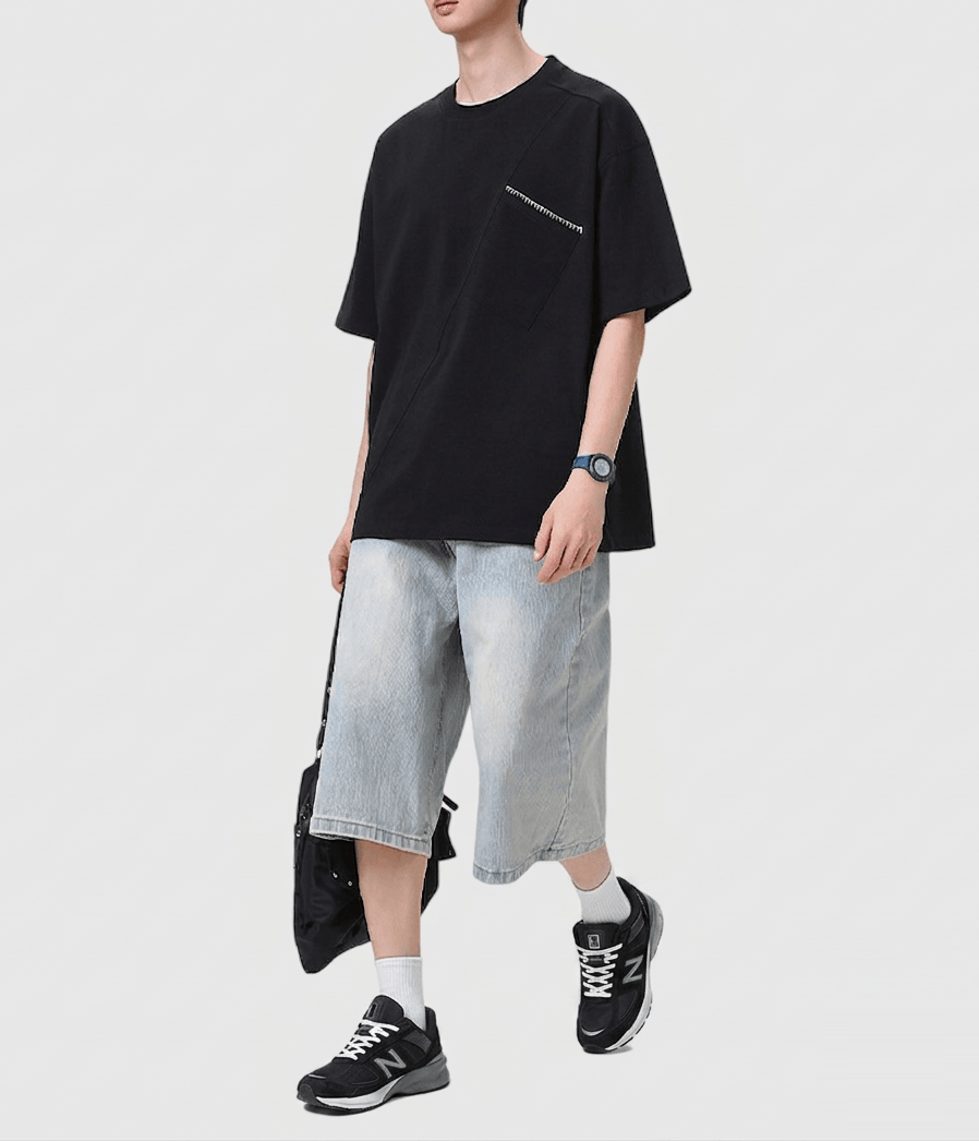 斜前袋手工縫線設計 純棉短袖 T-Shirt [SBT-1574]