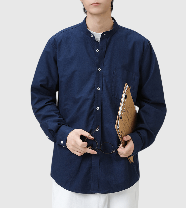 日系基礎前袋設計 純棉立領長袖恤衫 [SBS-1372]