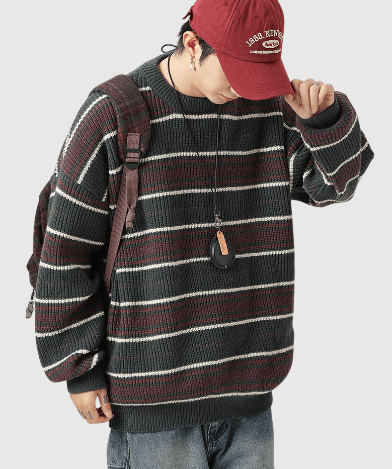 復古撞色條紋粗線針織紋理 重磅圓領毛衣 [SBK-1084]