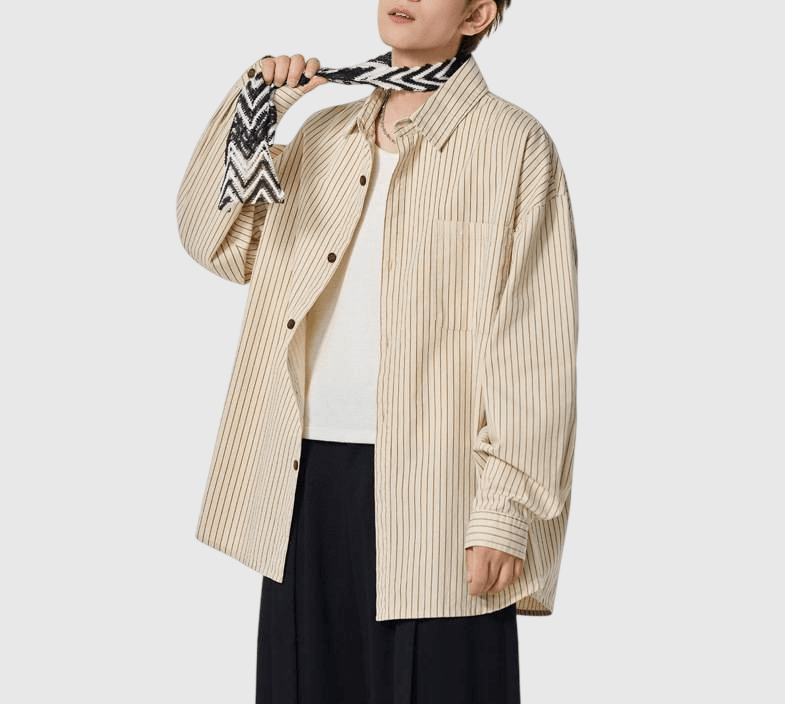 復古基礎色系條紋色織 純棉長袖恤衫 [SBS-1349]