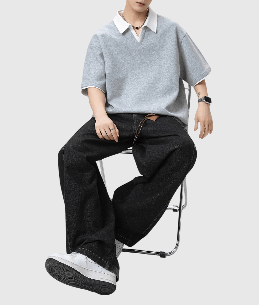 日系假兩件式縫線撞色 V 領設計 短袖 POLO T-Shirt [SBT-1503]