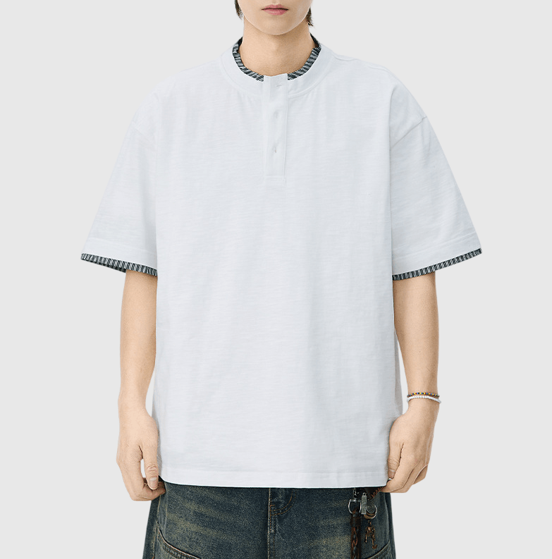 日系假兩件式條紋縫紉 亨利領純棉短袖 T-Shirt [SBT-1508]