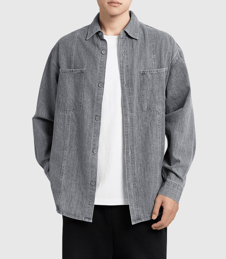 復古重工水洗雙前袋立體縫線工裝 長袖牛仔恤衫 [SBS-1384]