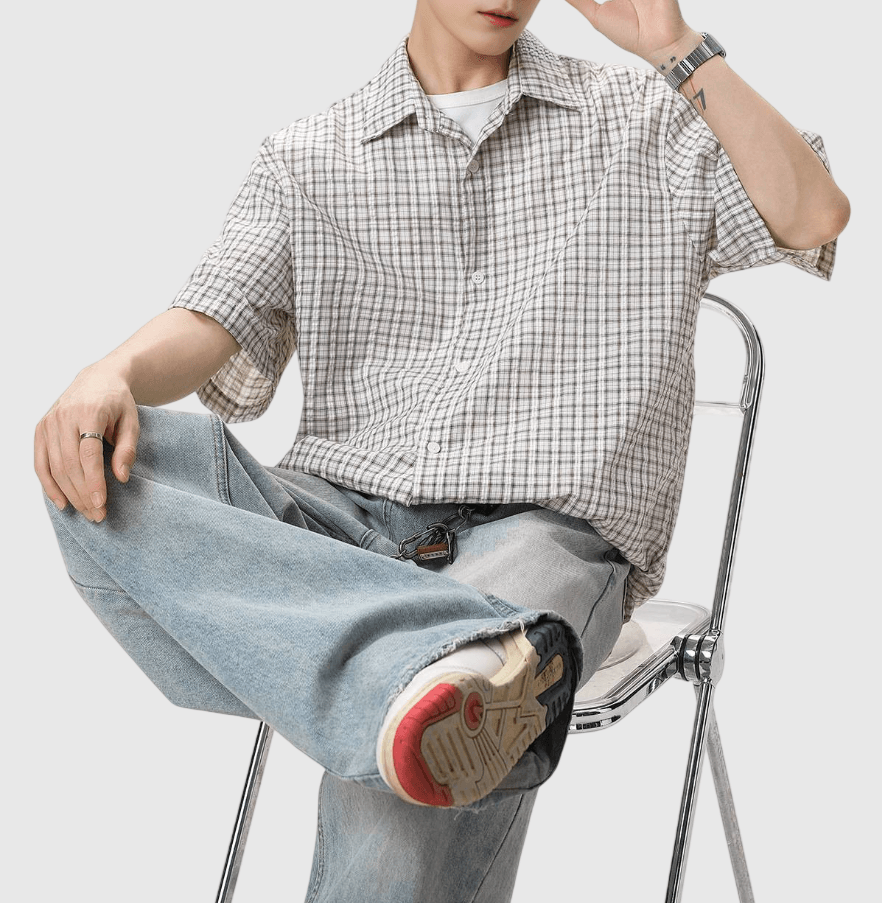 日系基礎細格仔皺褶紋理工藝 透氣短袖恤衫 [SBS-1394]