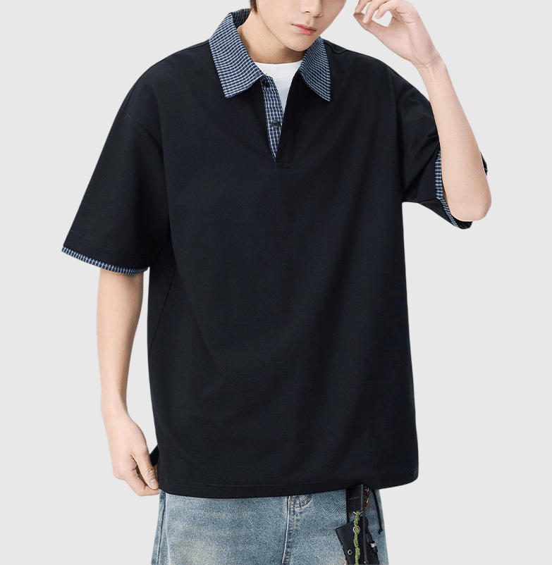 日系格紋假兩件式設計 短袖 POLO T-Shirt [SBT-1504]