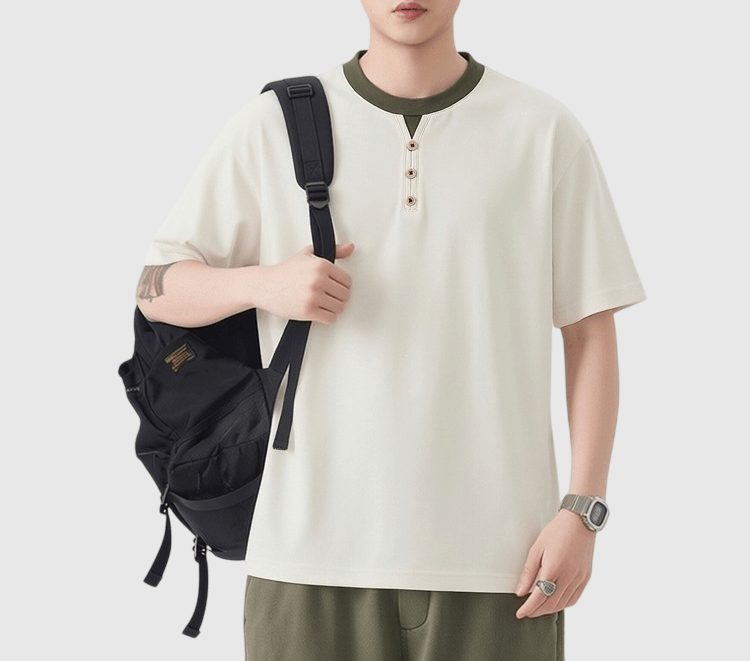 復古色系層次假兩件式鈕扣設計 短袖 T-Shirt [SBT-1569]