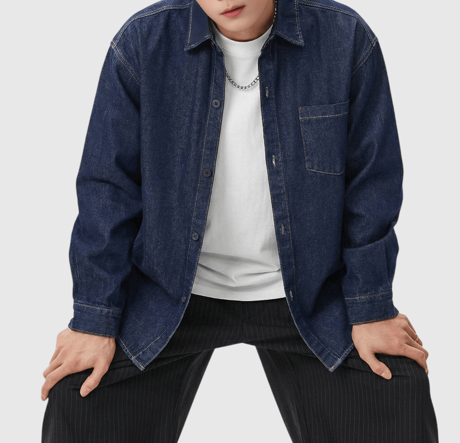 復古基礎前袋原色牛仔 純棉水洗長袖恤衫 [SBS-1346]