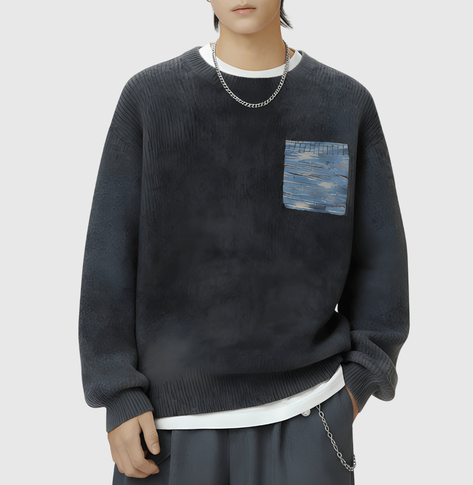 日系前袋混色縫紉 圓領針織毛衣 [SBK-1137]