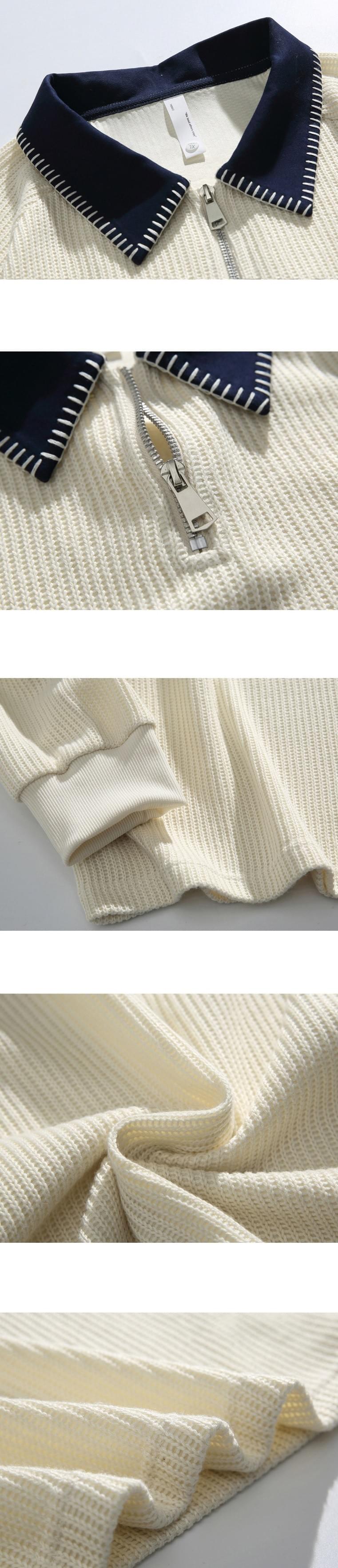 日系領口撞色縫線設計 半拉鍊長袖 POLO T-Shirt [SBT-1473]