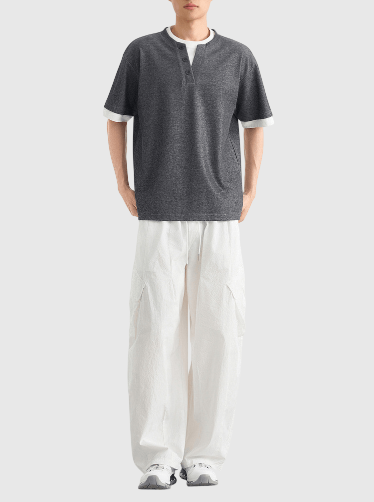 假兩件結構設計 亨利領鈕扣針織短袖 T-Shirt [CBT-1334]
