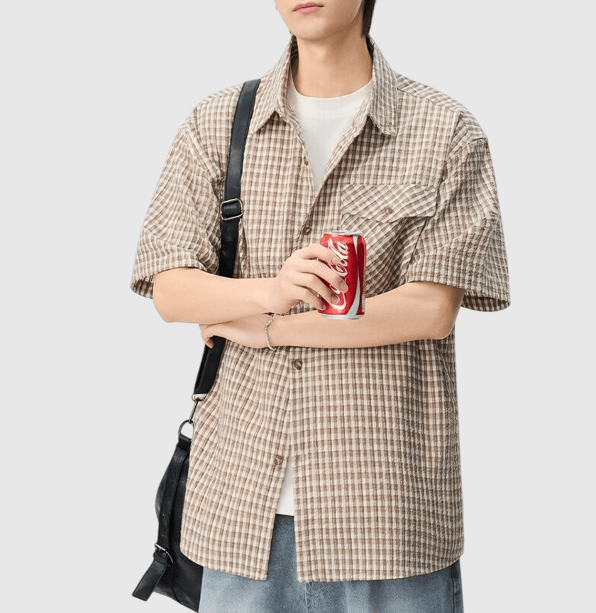 日系基礎細格仔色織工藝 透氣短袖恤衫 [SBS-1402]