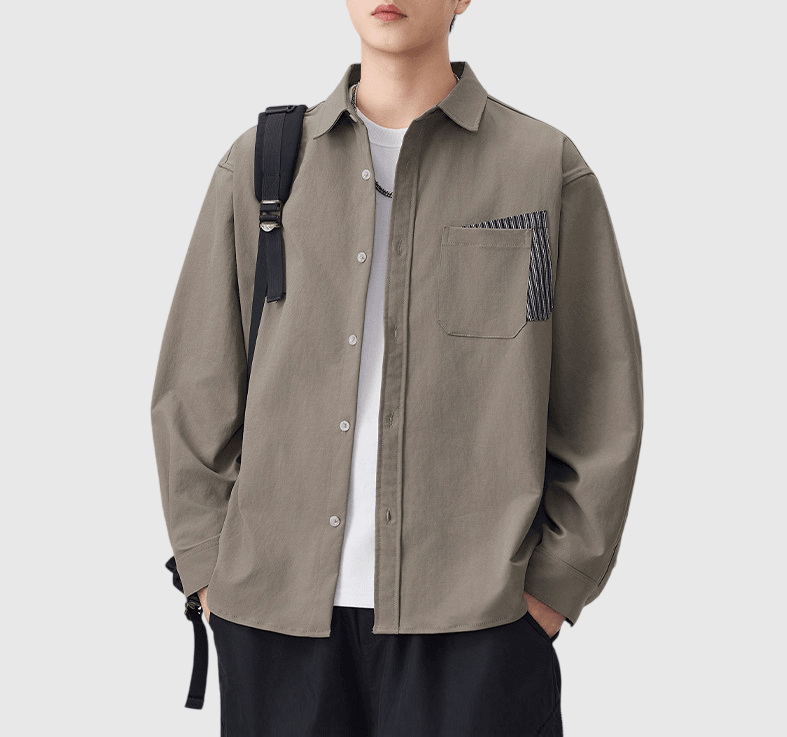 日系前袋雙縫接紋理設計 透氣長袖恤衫 [SBS-1392]