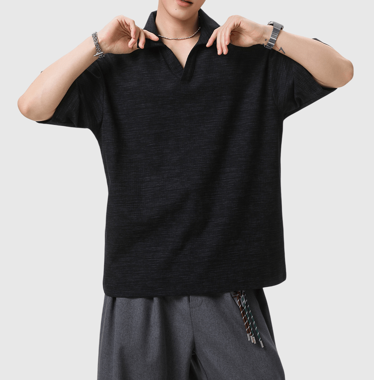 日系混色編織紋理設計 V 領透氣短袖 T-Shirt [SBT-1551]