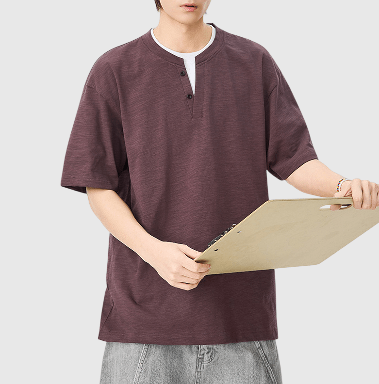 日系基礎層次假兩件式縫紉設計 亨利領天竺棉短袖 T-Shirt [SBT-1511]