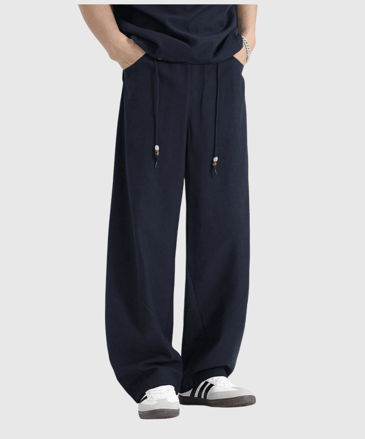 日式木珠外編織鬆緊腰繩設計 麻質闊腿直筒透氣長褲 [SBP-1206]