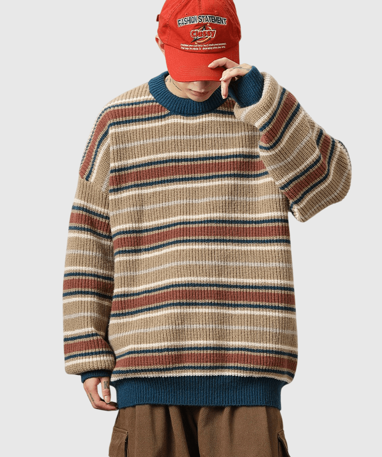復古撞色條紋粗線針織紋理 重磅圓領毛衣 [SBK-1084]