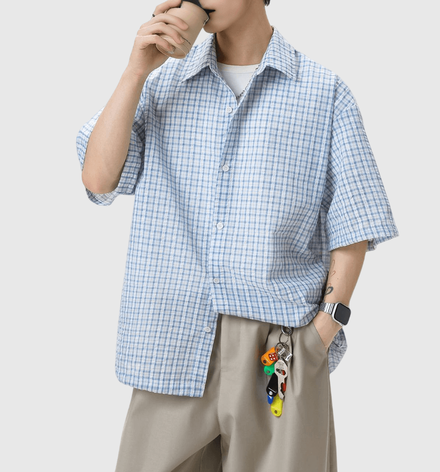 日系基礎細格仔皺褶紋理工藝 透氣短袖恤衫 [SBS-1394]