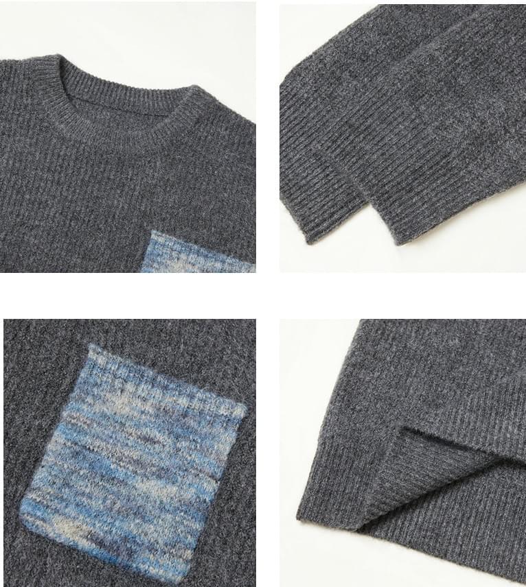 日系前袋混色縫紉 圓領針織毛衣 [SBK-1137]