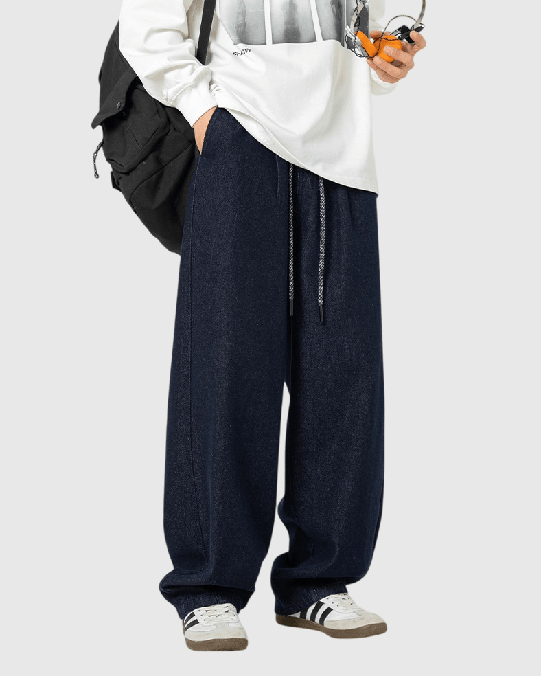 日系簡約拼色鬆緊繩設計 垂感闊腳水洗牛仔褲 [SBP-1139]