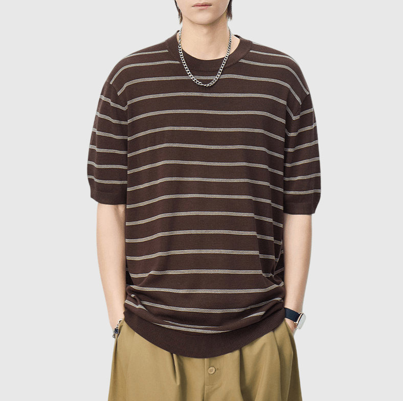 日系橫間條紋肌理紋理設計 麻質針織透氣短袖 T-Shirt [SBT-1537]