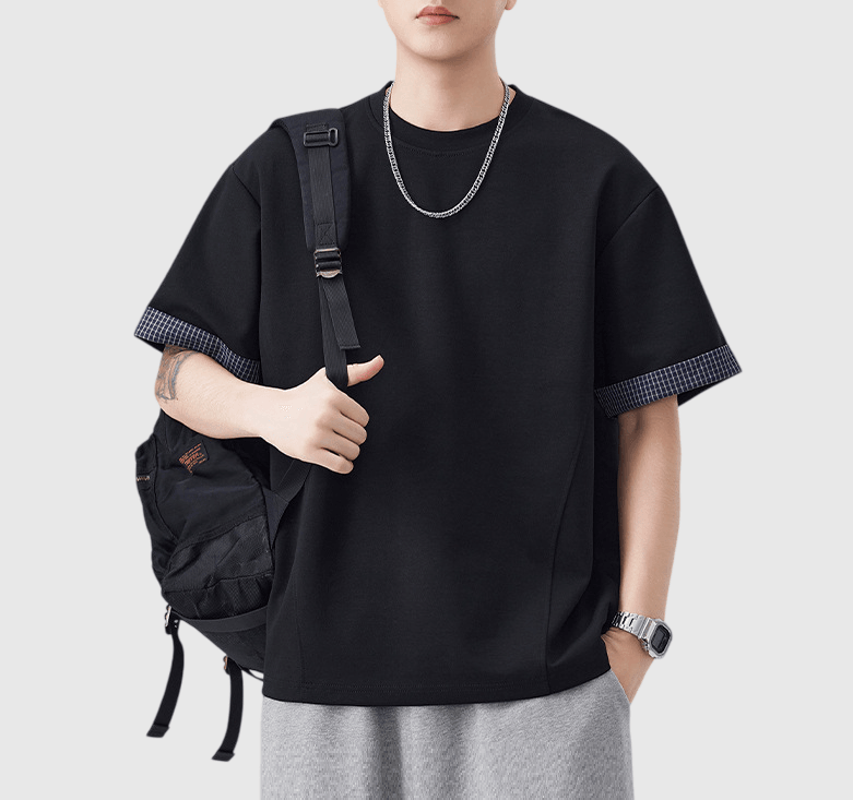 日系格紋假兩件式設計 短袖T-Shirt [SBT-1507]