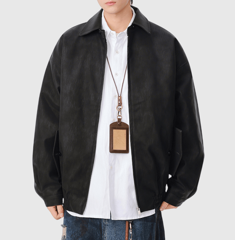 日系基礎輕水洗紮染雙側袋設計 長袖皮革外套 [SBO-1476]