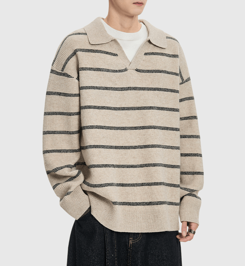 層次假兩件式條紋色織設計  V 領針織毛衣 [SBK-1133]