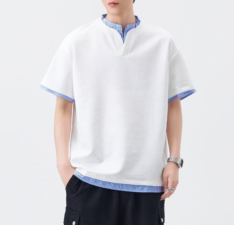 日系層次假兩件式恤衫縫紉拼接 短袖 T-Shirt [SBT-1446]